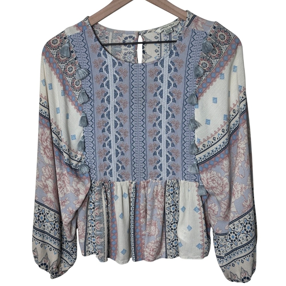 American Eagle Peasant Blouse Floral Tassel Long Sleeve Boho cottage Top Size XS